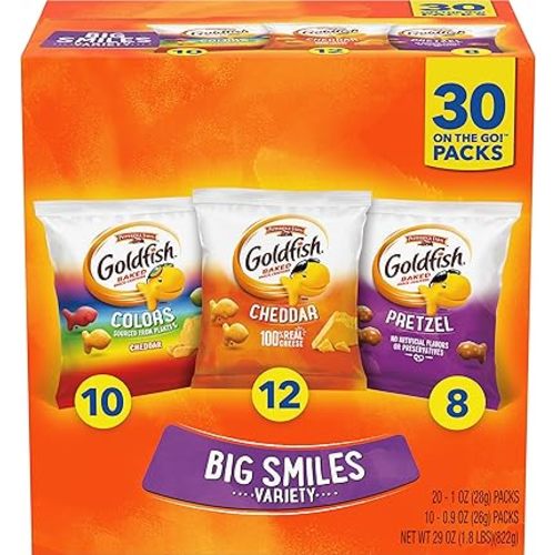 Goldfish Crackers Big Smiles Variety Pack with Cheddar, Colors, and Pretzels, Snack Packs, 30 Ct
