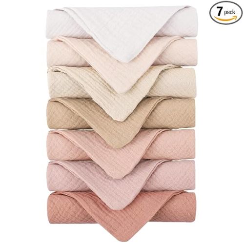 Konssy Baby Muslin Washcloths 7-Pack, 100% Cotton Baby Bath Washcloths, Soft & Absorbent Wash Cloths and Burp Cloths for Newborn Kids Girls & Boys, 11x11 inches