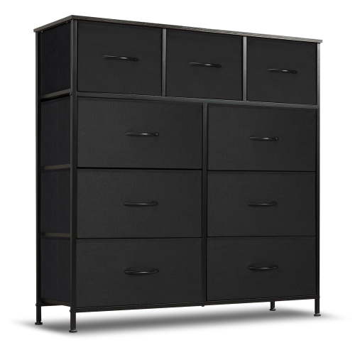Simenmax 9 Drawers Dresser for Bedroom, Tall Fabric Closet Chests Organizer Tower Furniture with Wooden Top Metal Frame for Clothes, Room, Living Room, Hallway, Entryway,Black