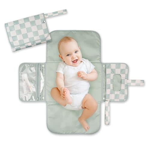 Tiny Twinkle Portable Diaper Changing Pad – Foldable, Waterproof & Compact Travel Changing Mat with Storage | Smart Wipes Pocket for On-The-Go Parents(Sage Checkers)