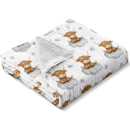 Breling Highland Cow Muslin Baby Blankets for Girls Boys, 100% Cotton Crib Blanket for Infant Toddler, 40 x 36 Inch Soft and Lightweight Nursery Swaddling Wrap