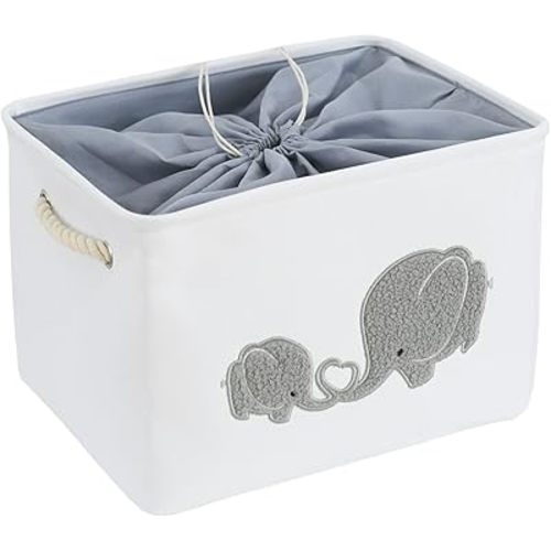 INough Baby Gift Baskets Empty Large Storage Container Fabric Toys Basket, Elephant Toy Box with Drawstring Closure for Wipes and Diapers, Nursery Organizers Kidsroom Room, Grey Furry Elephant