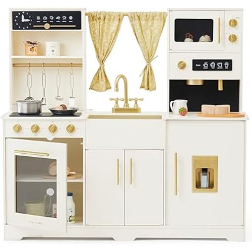 Tiny Land Play Kitchen for Kids, Toy Kitchen Set with Plenty of Play Features, New Modern Kids Wooden Play Kitchen Designed in Trendy Home Style with Curtains, Gift for Ages 3+