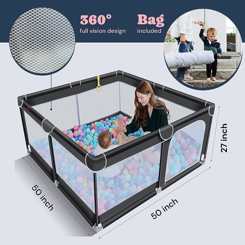 TODALE Baby Playpen for Toddler, Large Baby Playard, Indoor & Outdoor Kids Activity Center with Anti-Slip Base, Sturdy Safety Play Yard with Soft Breathable Mesh, Playpen for Babies(Black,50”×50”) - 50 x 50 x 27 Inch (Pack of 1)