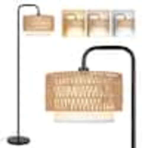 Rottogoon 68" Black Paint Boho Standing Lamp, 1 Bulb Remote 3 Color Temp Arc Floor Lamp for Bedroom with Rattan and Fabric Shades PAFP099AB1