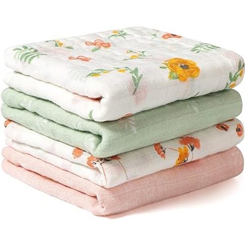 Viviland Baby Muslin Burp Cloths, 100% Cotton Super Absorbent Washcloths for Baby Girl and Boy, 10 x 20 inches 6-Layer Baby Bath Towels, Floral Pattern 4 Pack