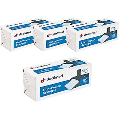Dealmed Non-Woven Gauze Sponges - 4-Ply, 4" x 4" All-Purpose Non-Sterile Absorbent Dental Gauze Wound Care for First Aid Kit/Medical Facilities, 200 Count (Pack of 4)