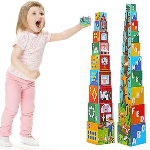 beeqoo 10 Pcs Nesting and Stacking Blocks for Toddlers 1-3 - Cardboard Stacking Cubes with ABC & Numbers - Montessori Educational Learning Toy - Sturdy Toddler Tower Building Set for Kids