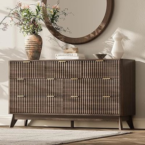 54'' Wide 7 Drawers Dresser for Bedroom,Modern Fluted Vertical Chest with Rounded Corners,Fluted Dresser for Living Room,Hallway, Walnut