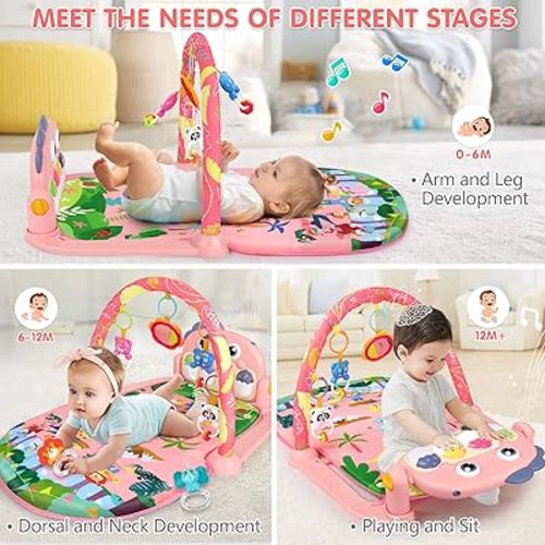 UMIKU Baby Play Mat Baby Tummy Time Mat Infant Newborn Musical Activity Center with High-Contrast Piano Music & Light Newborn Babies Gift for Girl Boy Babies 0-6 6-12 Month Pink Dinosaur