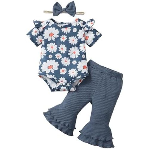 SUNNY PIGGY Baby Girl Clothes Ruffle Short Sleeve Romper Long Pants Set with Headband Newborn Infant Outfits
