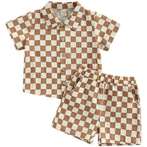 Toddler Baby Boy Short Sleeve Button Down Lapel Shirt Tops Casual Shorts Checkboard Print Summer Outfit Set