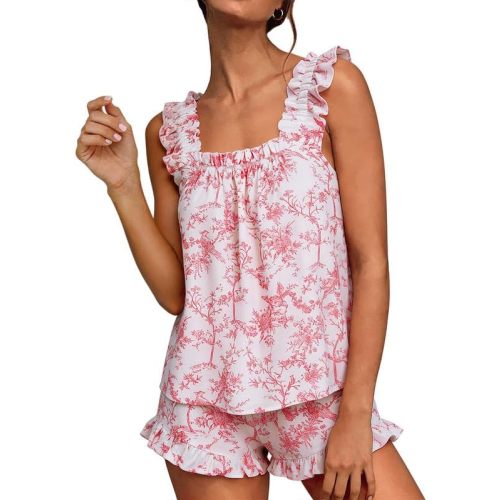 Marvmys Womens Pajamas Set 2 Piece Ruffle Bridal Cute Pajamas Sexy Tank Top and Shorts Bride Sleepwear Set S-2XL