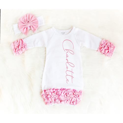 Personalized Baby Girl Ruffle Sleeper Gown, Newborn Hospital Outfit, Pink Baby Layette Set, Coming Home Outfit, Baby Shower Gift, Lil Sister