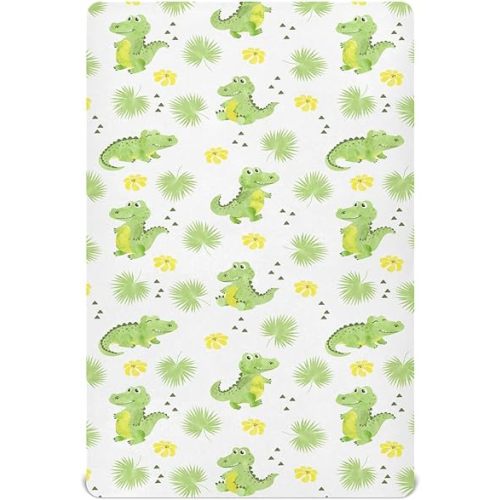 Crib Sheets for Boys Crocodiles Alligators Palm Leaves Toddler Baby Girl Sheets for Crib,Neutral Mini Crib Nursery Mattress Sheets Fitted,Crib Mattress Soft & Breathable 52 * 28 * 9In