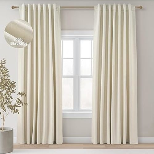 Topfinel 90 Inches Long Full Blackout Cream Linen Curtains for Bedroom, Light Blocking Ivory Pleated Thermal Cute Curtains, Decorative Elegant Lined Nursery Drapes 2 Panels Set for Sliding Door Winter