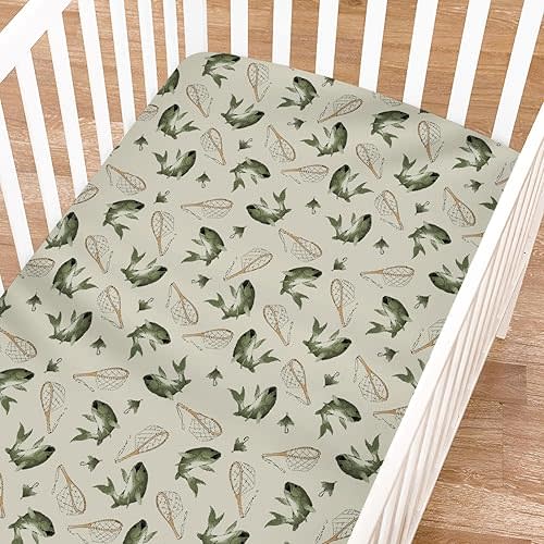 Vintage Bass Fishing Fitted Baby Crib Sheets Girl Boy 52"x28" Lake Fish Crib Mattress Covers Neutral Fishing Lovers Gift Nursery Soft Breathable Baby Sheet for Standard Crib and Toddler Bed Mattress