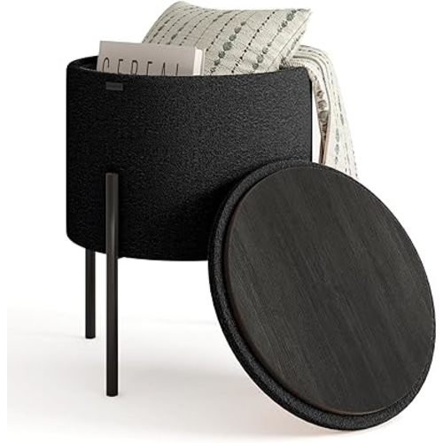 STORAGEBUD Round Ottoman with Storage, Boucle Storage Ottoman, Foot Stool Ottoman, Makeup Vanity Stool, Small Ottoman Foot Rest, Modern Ottomans for Living Room and Bedroom, Black