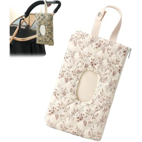 Quilted Baby Wipe Holder, Portable Mommy Bag for Stroller, Refillable Floral Pouch with Lanyard for Casual Travel