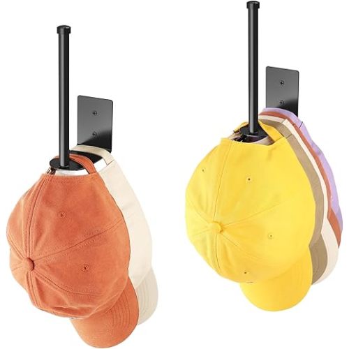 2 Pack Hat Racks for Baseball Caps, Stainless Steel Hat Organizer for Baseball Cap, Hat Holder Storage Organizer, Hat Hanger Strong Adhesive/Wall Drilled for Door, Bedroom, Closet(Black 6 in)