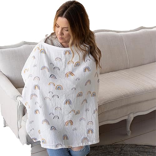ACTIVE BABY Muslin Nursing cover for breastfeeding mom with Adjustable hoop for hand free | breathable nursing cover up | 100% muslin cotton light weight breastfeeding cover wrap shawl scarf (rainbow)