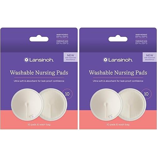 Lansinoh Washable Nursing Pads, Made with Organic Bamboo Viscose, Reusable Breast Pads for Breastfeeding with Wash Bag, Breastfeeding Essentials, 10 Count (Pack of 2)