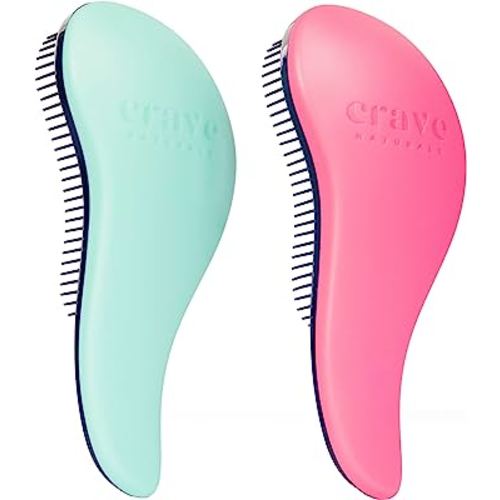 Crave Naturals Glide Thru Detangler Brush Pack of 2 - Curly Hair Brush for Women and Kids - Wet and Dry Comb for Adults - Soft Flexible Bristles for Gentle Use - Turquoise and Pink