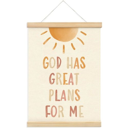 PLKMN Christian Nursery Wall Decor, God Has Great Plans for Me Wall Art with Wooden Poster Hanger, Boho Sun Christian Wall Decor for Nursery Kids Room Sunday School Preschool Classroom, 12x16 Inch