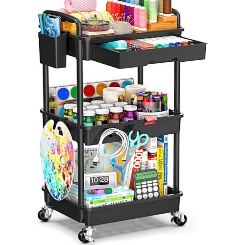 3 Tier Rolling Cart with Drawer, Bathroom Storage Organizer with 2 Lockable Wheels, Multifunctional Rolling Storage Cart for Bathroom, Kitchen, Office, Craft, Makeup, Baby Essentials, Black