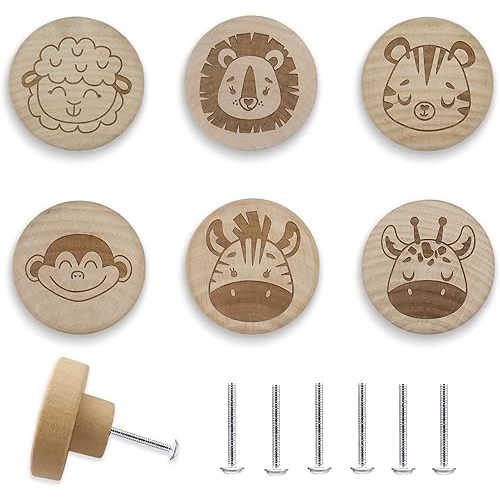 6PCS Round Engraved Animal Flat Wood Knob,Jungle Themed Kids Baby Girls Boy Room Furniture Dresser Knobs,Nursery Lion Nature Wooden Drawer Pull