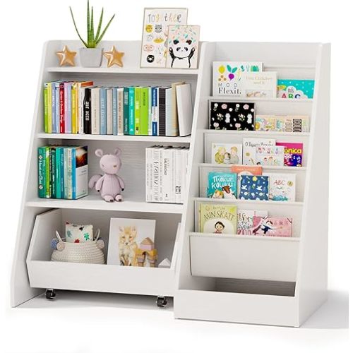 COZPAW Bookshelf for Kids Rooms, 4 Tier Kids Bookshelf with Movable Drawer 5 Sling Pockets, Toddler Bookshelf and Toy Storage for Bedroom, Playroom, Nursery (White)