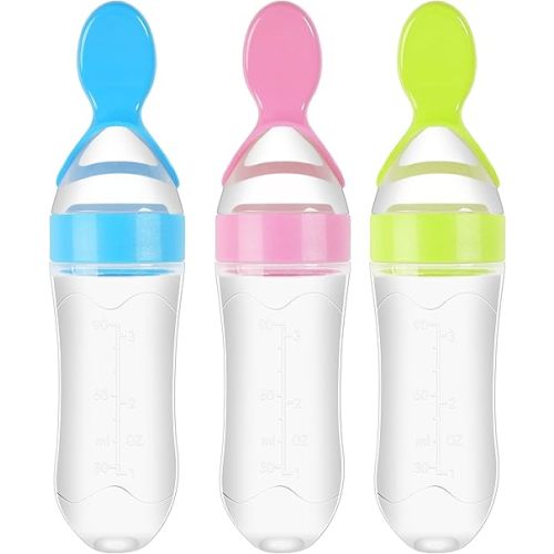 3 Pack Baby Food Feeder, 3 Oz Silicone Baby Feeder, 3 Colors Baby Food Dispensing Spoon, Baby Food Squeeze Spoon for Boys Girl Kids Toddlers