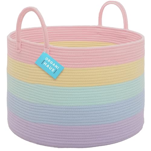 OrganiHaus Rainbow Blanket Basket for Classroom & Nursery, Extra Large Woven Laundry Basket W/Handles, Kids Toy Organizer & Storage, Soft Round Dog Toy Storage Bin, Cute Bin - 20"x13" in