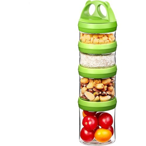 SELEWARE Portable Stackable Food Storage Containers for Snacks Formula Powder and Drinks Twist Lock System Airtight Leak-proof BPA and Phthalate Free 4 Piece Jars 31oz Green
