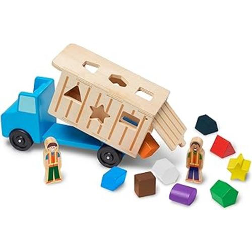 Melissa & Doug Shape-Sorting Wooden Dump Truck Toy With 9 Colorful Shapes and 2 Play Figures - Vehicle /Shape Sorter Toys For Toddlers Ages 2+