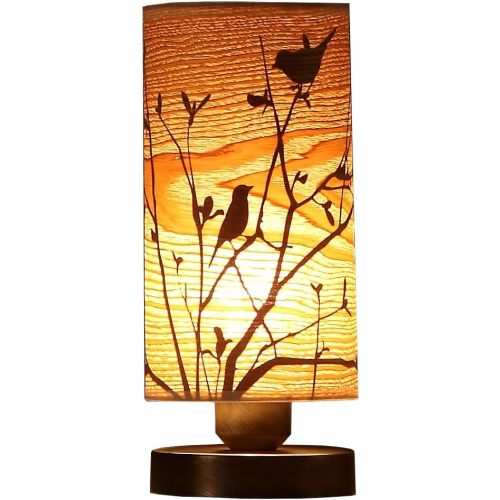 Bieye L10272 Birds in The Tree Wooden Style Table Lamp Night Light with Wood Lampshade Bronze Metal Base for Bedside Bedroom Living Room, Cylinder-Shaped (Bronze)