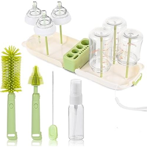 Portable Baby Bottle Brush Set - 7 in 1 Baby Bottle Cleaner Kit, Baby Travel Essential Bottle Washing Kit with Silicone Bottle Brush, Nipple Brush, Straw Brush, Drying Rack for Home and Travel(Green)