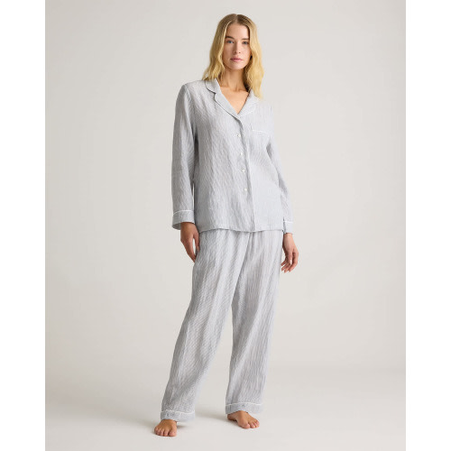 100% European Linen Long Sleeve Pajama Set with Piping
