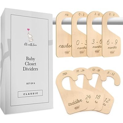 Baby Closet Dividers (Classic) - 8 Premium Wood Double Sided Baby Closet Size Dividers - Ideal Baby Clothes Dividers for Closet – Organize Nursery Closet Hangers by Size/Age