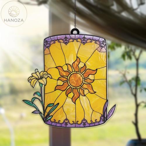Tangled Floating Lantern Suncatcher, Rapunzel Sundrop Flower Acrylic Window Hanging, Stained Glass Style Disney Decor, Nursery Room Wall Art
