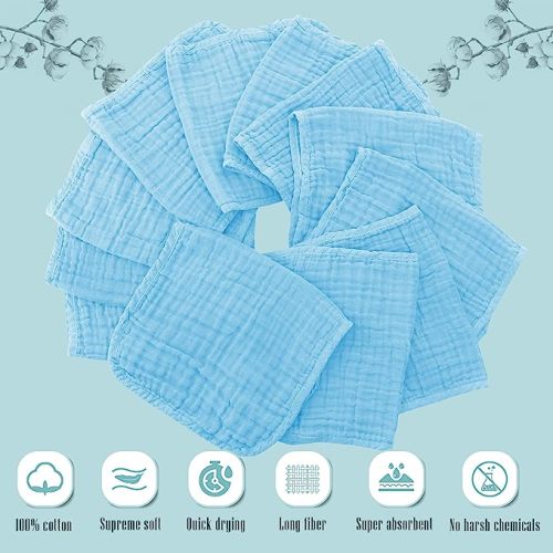 Cute Castle 12 Pack Muslin Burp Cloths for Baby - Ultra-Soft 100% Cotton Baby Washcloths - Large 20'' by 10'' Super Absorbent Milk Spit Up Rags - Burpy Cloths for Unisex, Boy, Girl - Aquamarine - 20x10 Inch (Pack of 12)