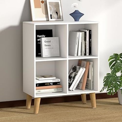4 Cube Storage Organizer with Legs, 2 Tier Cube Low Bookcase Freestanding Storage Display Organizer for Home Office, Four-Cubes Open Shelf Short Bookshelf (White, 4 Cube)