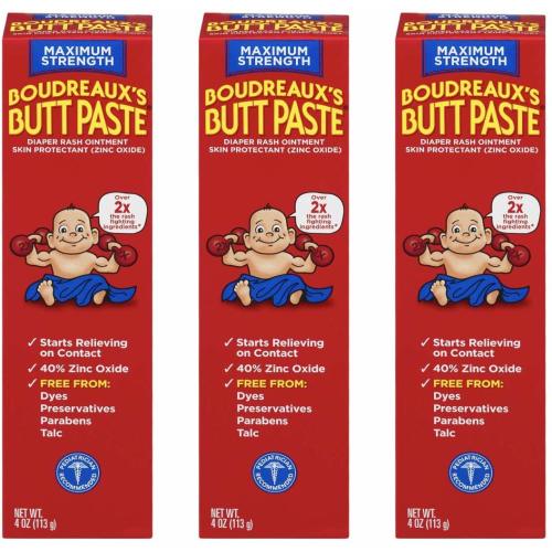 Boudreaux's Butt Paste Maximum Strength, Baby Diaper Rash Cream, Ointment, 4 oz, 3 Pack