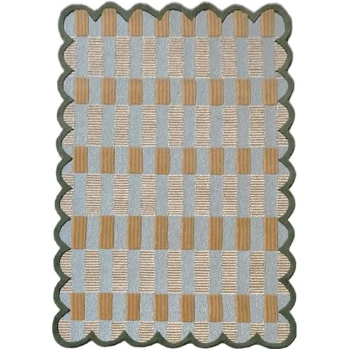 Matilda Goad Plaid Scallop Wool Hand Tufted Area Rug, Luxurious Designer, Anro Irregular, for Bedroom, Living Room or Hallway (Light Blue, 7x10)