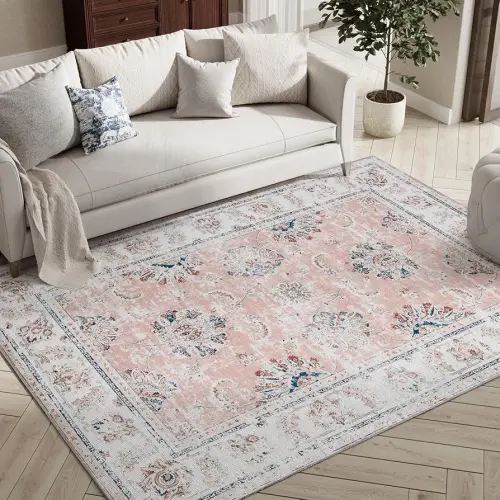 jinchan Washable Area Rug 5x7 - Low Pile Bedroom Rug for Girl Pink Floral Print Stain Resistant Indoor Boho Carpet Distressed Vintage Ultra-Thin Non-Slip Rug Living Room Dining Room Kitchen