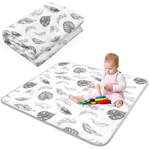 Boho Portable Baby Play Mat, 43 x 43 Inch Washable Foldable Crawling Mat, Non Slip Playmat for Babies, Kids Play Mats Pad for Floor Playpen Toddler Infants Tummy Time Activity (Leaf Theme)