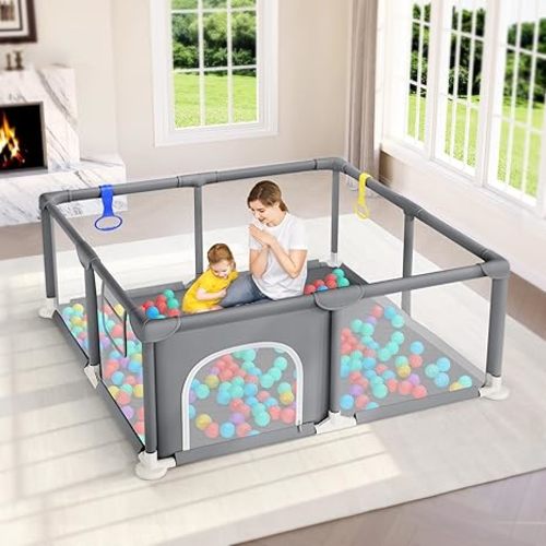 Dripex Baby Playpen, 47"x47" Small Playpen for Babies, Enhanced Safety Baby Play Yard for Indoor & Outdoor, Infant Play Pen with Soft Breathable Visible Mesh, Anti-Fall Design & Easy Setup, Grey