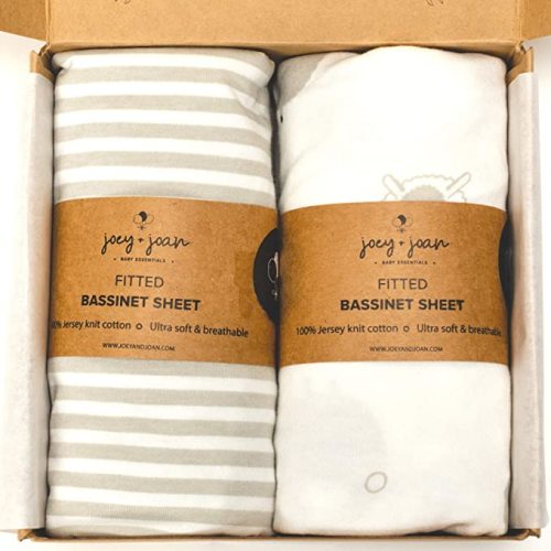 Bassinet Fitted Sheets Compatible with Halo, Fisher Price, Delta, Graco – Fits Perfectly on 15 x 33 Inch Oval, Rectangular Mattress Pad – Snuggly Soft Jersey Cotton – Grey Stripes, Lamb – 2 Pack - 2-pack Lamb/Stripes