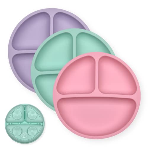Hippypotamus Toddler Plates with Suction - 100% Food-Grade Silicone Baby Plates - Microwave & Dishwasher Safe - BPA Free - Set of 3 (Pink/Mint/Lavender)