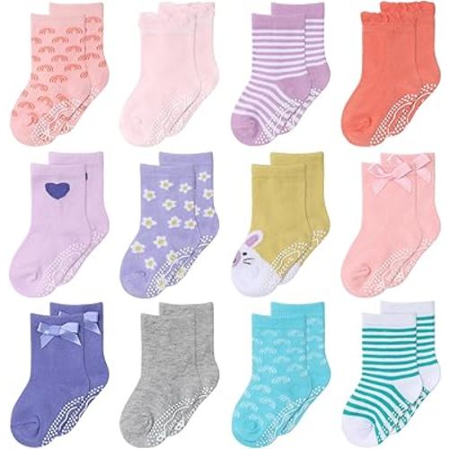 The Peanutshell Organic Baby Girl Socks for 3-12, 12-24 Months - Non-Slip Grip, 100% Cotton Baby Crew Socks - Paste